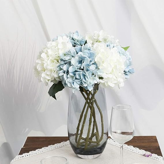 Kisflower 6Pcs Hydrangea Artificial Flowers Realistic Fake Hydrangea Flowers Silk Flowers Bouquet for Wedding Party Office Home Decor (Blue)