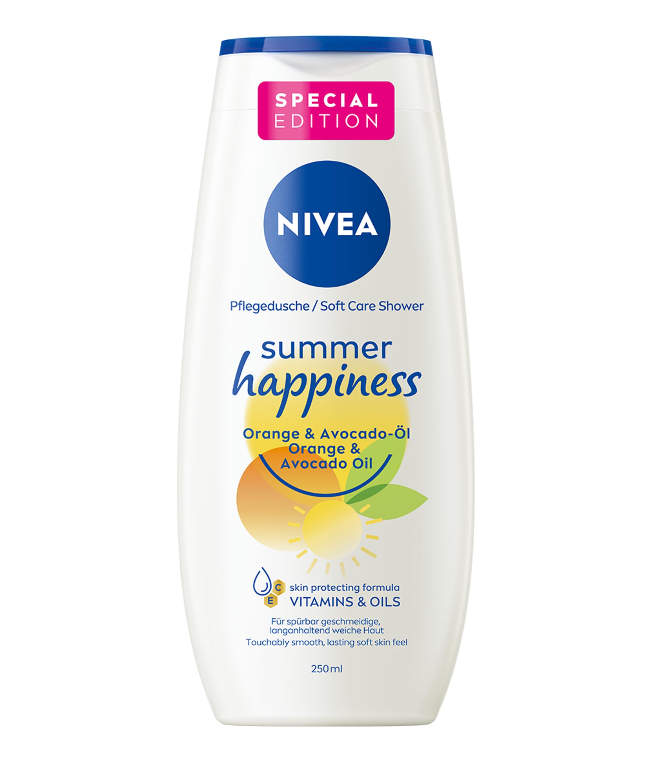 NIVEA Summer Happiness Orange Pflegedusche (250 ml), pH-hautneutrales Duschgel mit natürlichem Avocado-Öl, feuchtigkeitsspendende Cremedusche mit frischem Orangen-Duft