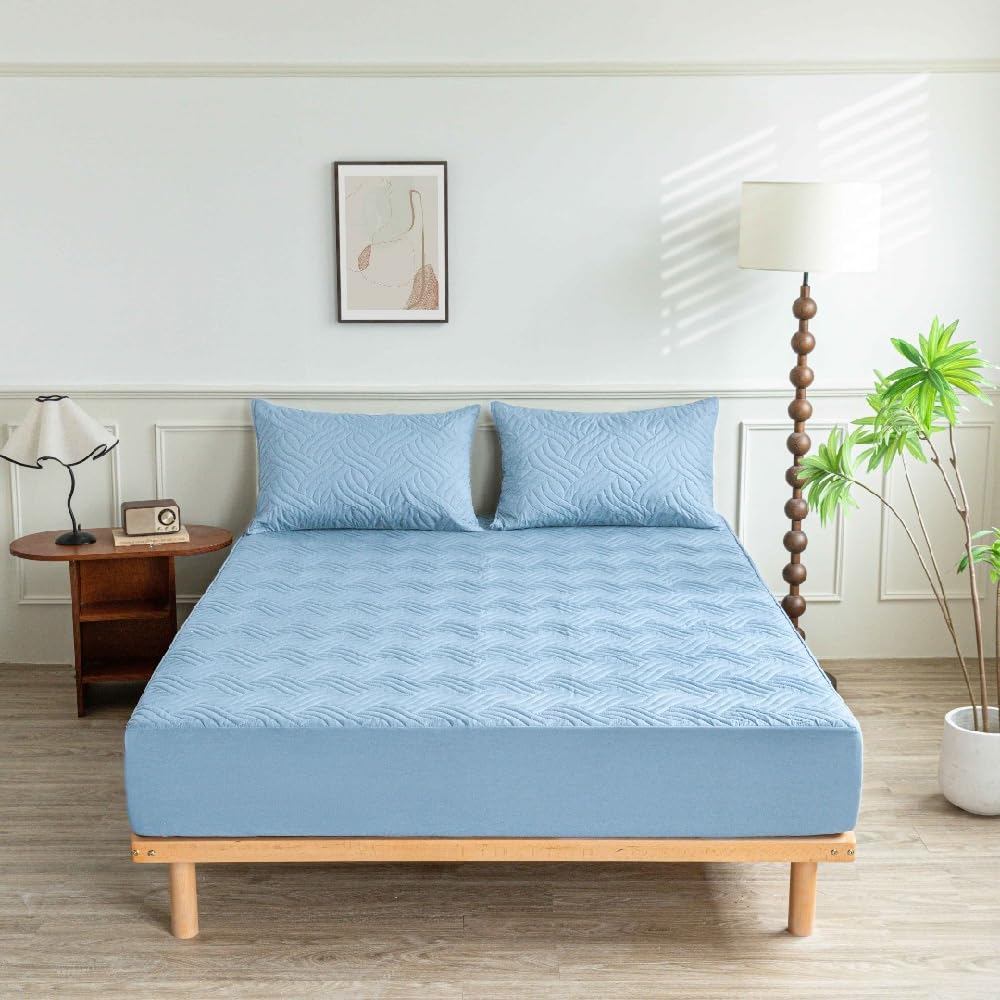Protector De Cama De Fácil Cuidado, Color Sólido, Textura Ondulada, Protector De Colchón Antiácaros, hasta 25cm De Profundidad.-Blue||200x200cm