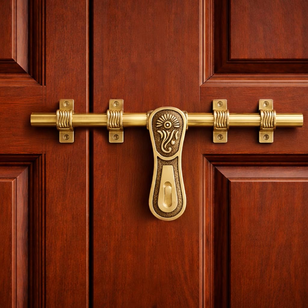Brass Door Aldrop with Ganesha Design, 16 inch, Antique Gold Finish | Traditional Design, 9.5 cm Height, Decorative Hardware, Screw Mounting, Double Door Use-image-46