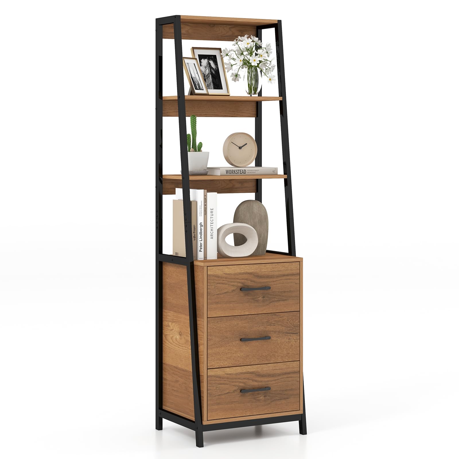 LOKO Industrial Ladder Bookshelf, Freestanding 4-Tier Bookcase with 3 Drawers & Metal Frame, 69” Tall Wooden Storage Organizer for Living Room, Office