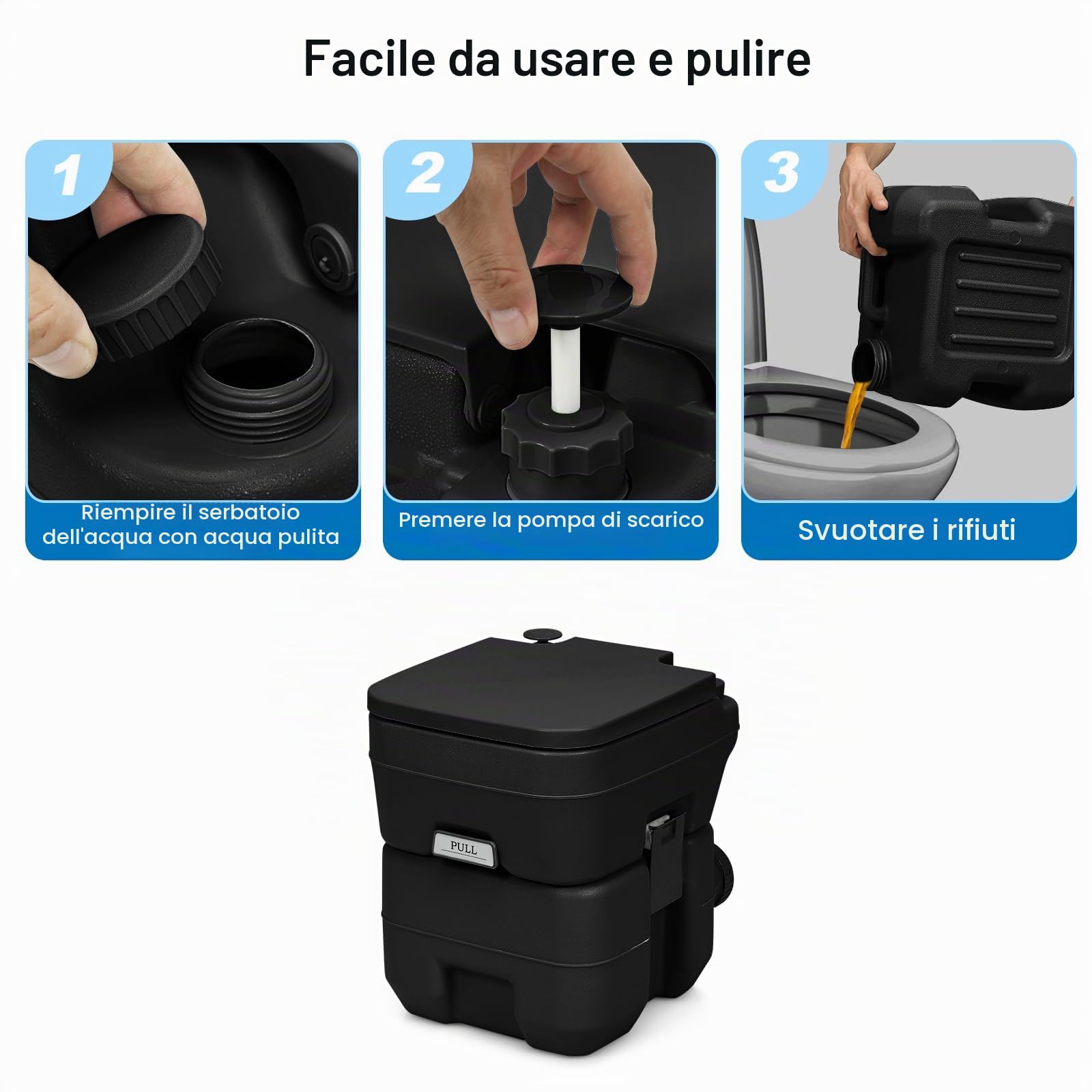 SOARS WC Portatile 20L, Bagno Chimico con 2 Serbatoi Rimovibili, Coperchio Anti-Odore, Maniglia, Carico Massimo 150 KG, Toilette Portatile per Campeggio, Viaggi, Auto, 36 X 42 X 43 CM (Nero)
