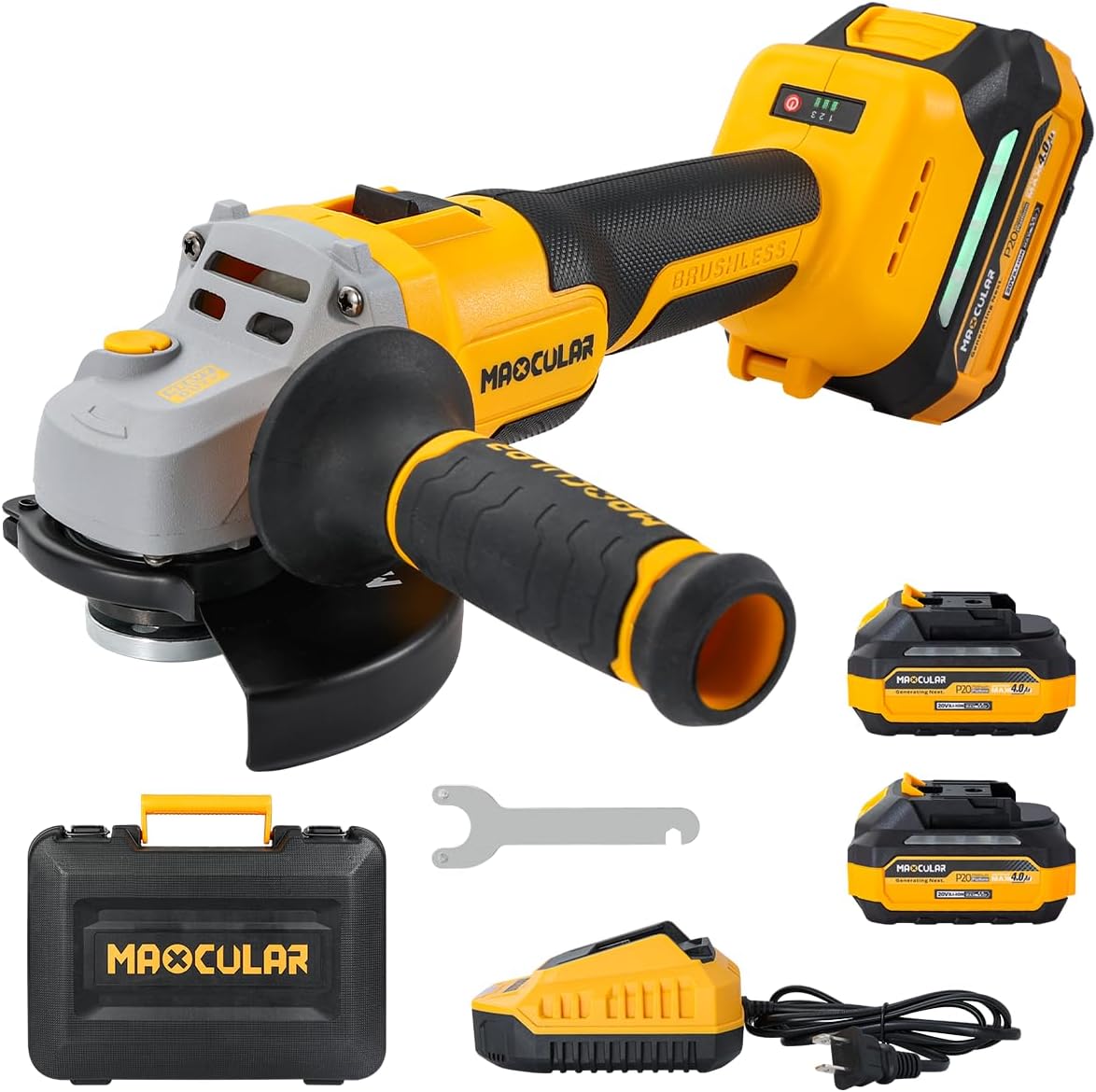 Cordless Angle Grinder 4-1/2-Inch to 5-Inch,2x4.0 AH Battery Grinder Tool,9600 RPM Brushless Power Grinder,3 Variable Speeds Metal Grinder with Auxiliary Handle for Cutting,Grinding,Polishing