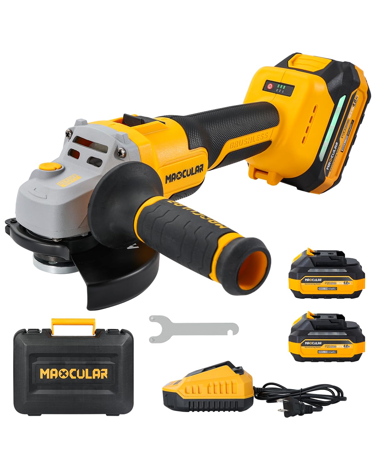 Cordless Angle Grinder 4-1/2-Inch to 5-Inch,2x4.0 AH Battery Grinder Tool,9600 RPM Brushless Power Grinder,3 Variable Speeds Metal Grinder with Auxiliary Handle for Cutting,Grinding,Polishing