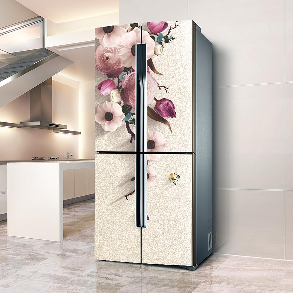 Fridge Stickers, Fridge Sticker Full Covering Door Covers Skins Wall Stickers for Kitchen Decal, Bright Pink Flowers(L: 100x180 cm)