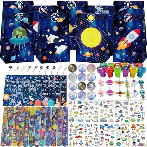 NlsqEU Spazio, regalo di compleanno per bambini, astronauti compleanno, sacchetti regalo, segnalibri, collane, braccialetti a scatto, adesivi, portachiavi, timbri giocattolo, flummis