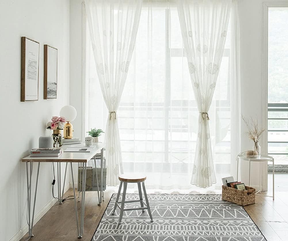 Exquisite Simple Coil Embroidered Sheer Curtains Voile Curtain Home Decor for Kids Nursery Room Kitchen(1 Panel, W 100 x L 102 inch, White)