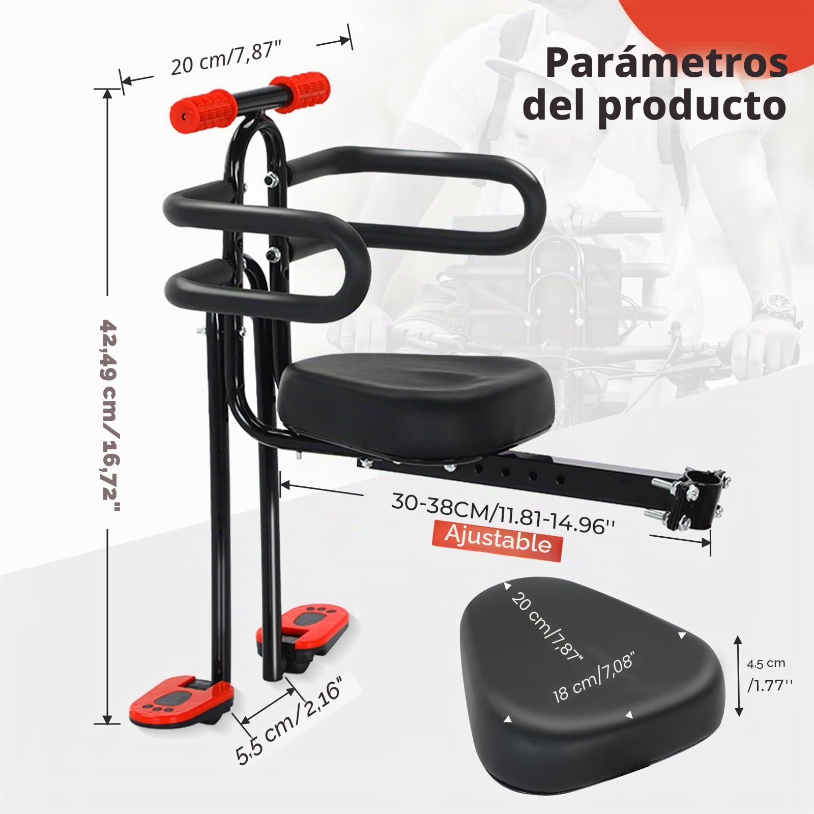 Asiento Delantero para Bicicleta Infantil, Silla Bicicleta Niño con Reposabrazos y Reposapiés, Compatible con Bicicletas de Montaña, Bicicletas Urbanas y Bicicletas Plegables