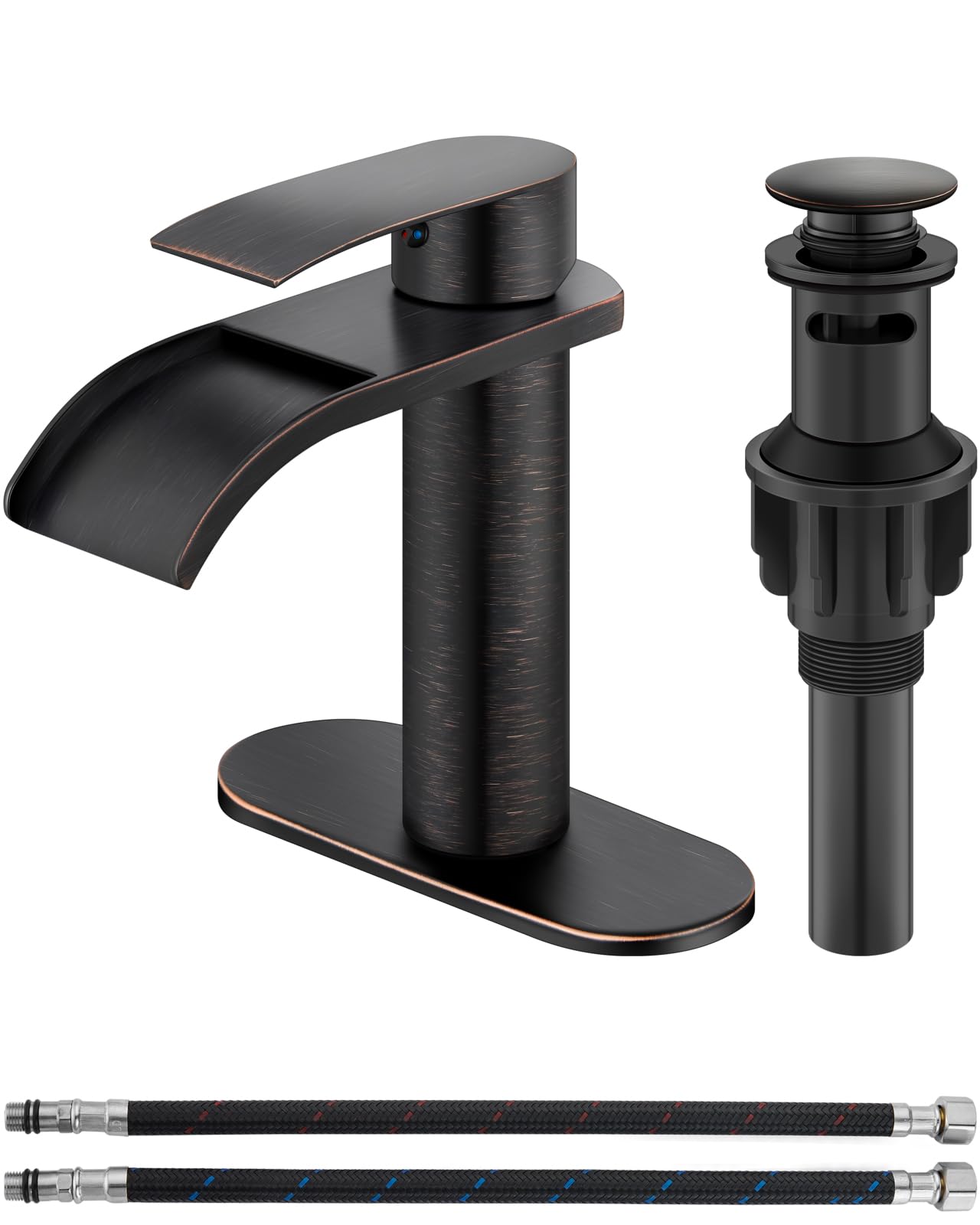 Hcfyauis Oil Rubbed Bronze Waterfall Bathroom Faucet 1 Hole,Single Handle Bathroom Sink Faucet For 1 Or 3 Hole With Deck Plate,With Pop-Up Drain&Supply Lines,