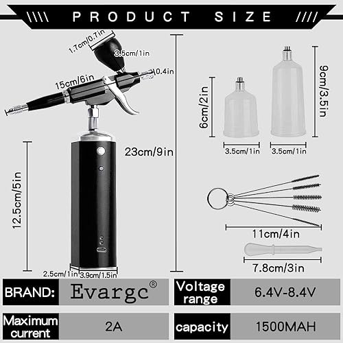 Miniatura 4 de Evargc Kit de aerógrafo, aerógrafo inalámbrico recargable con compresor de arranqueparada automática pistola de aerógrafo de 0.012 in, boquilla de