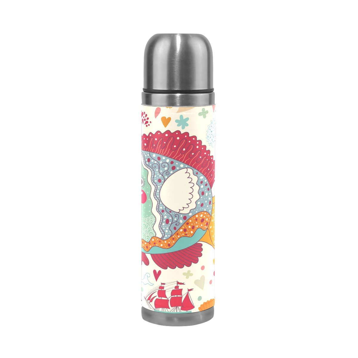 Cartoon Fish Water Bottle Hulahula Stainless Steel Insulated Vacuum Flask Leak Proof Leather Packing(500ML 13.7OZ)
