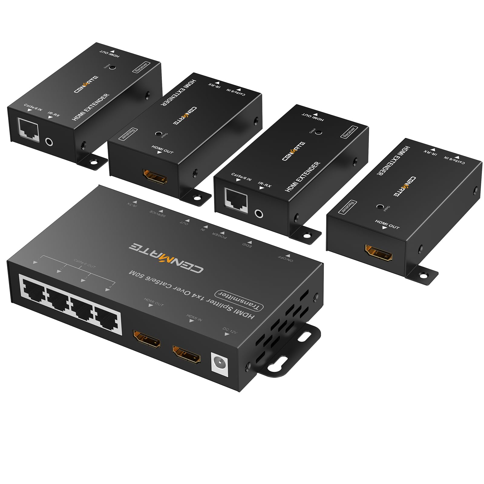 Cenmate HDMI Extender & Splitter, 4K@60Hz, Up to 165FT via CAT5e/6/7, 4 Channels, HDMI Loop Out, IR Control, 3D, HDCP, EDID, POC