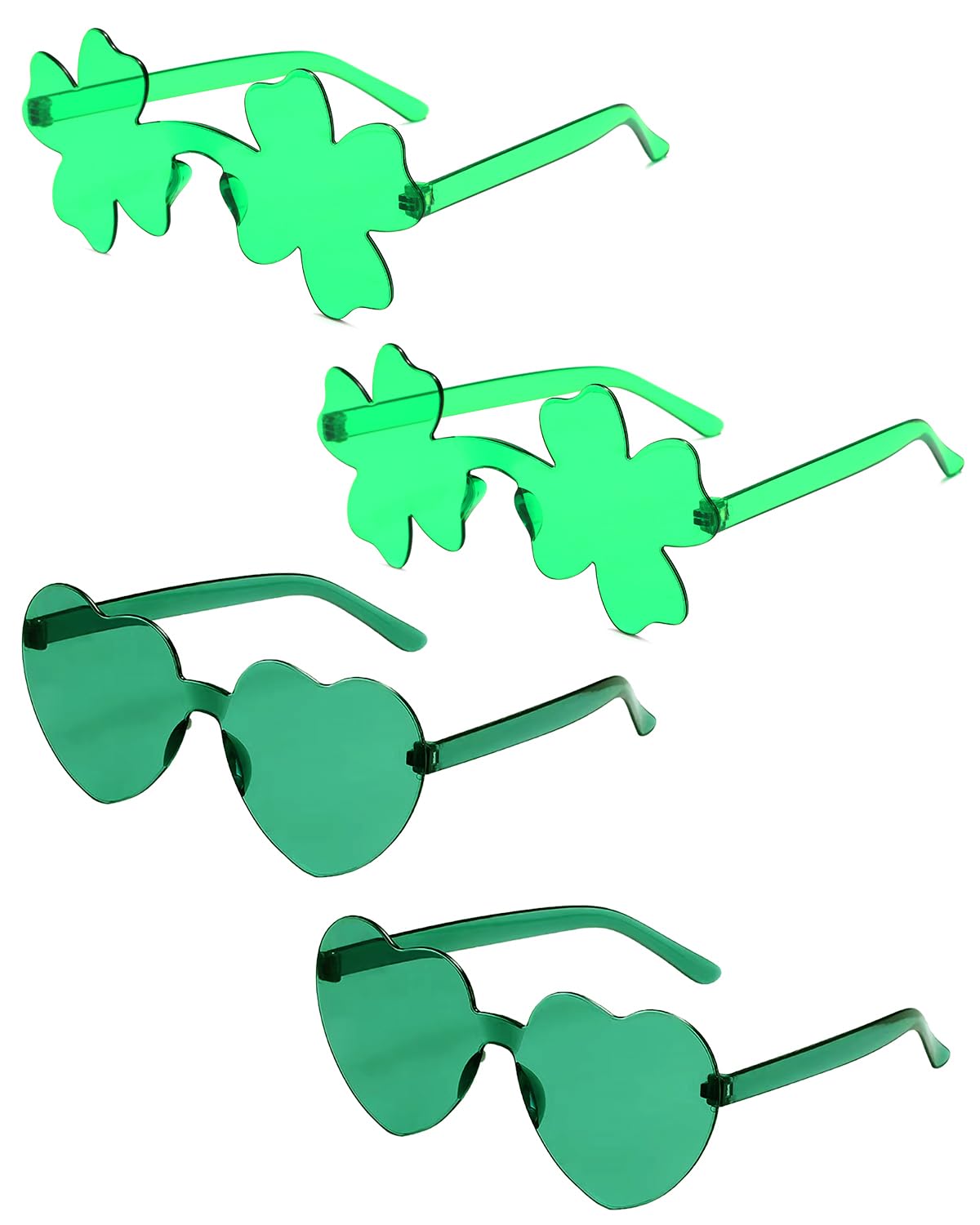 Aviski St Patricks Day Party Glasses, Green Shamrock Heart Shape Rimless Frameless Irish Eyeglasses, Saint Paddy Day Accesorries (2 Shamrock + 2 Heart)
