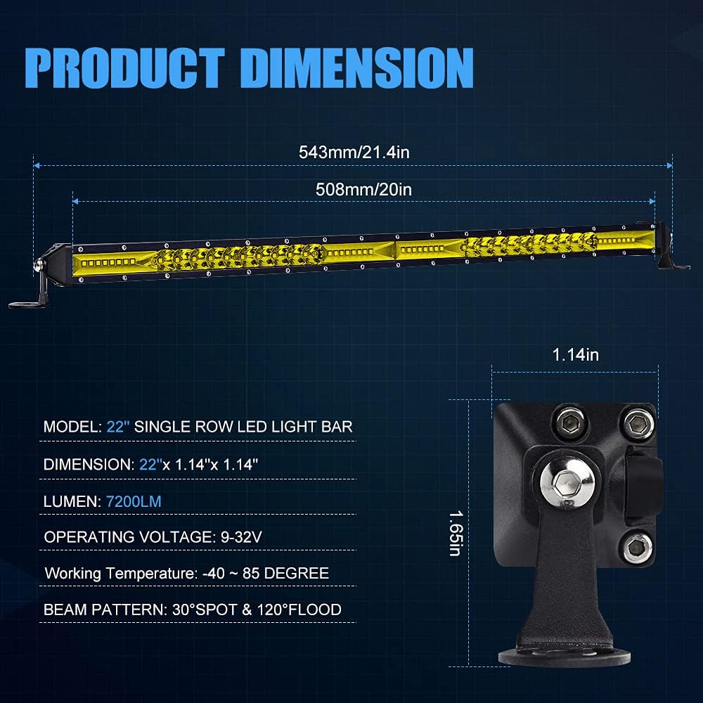 samman Led Light Bar 20 Inch Yellow Ultra Slim Off Road Working Light Flood Spot Combo Driving Boat Light for SUV UTV ATV Trucks 1PC