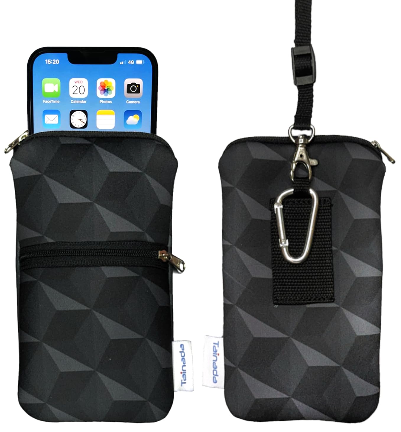 Tainada 2-Zip Phone Case Bag w/Belt Loop, Neck Strap (Black Gray Geometric) | For Men/Women; Water-resistant neoprene pouch, shockproof, lightweight, w/carabiner; Compatible with most of smartphones
