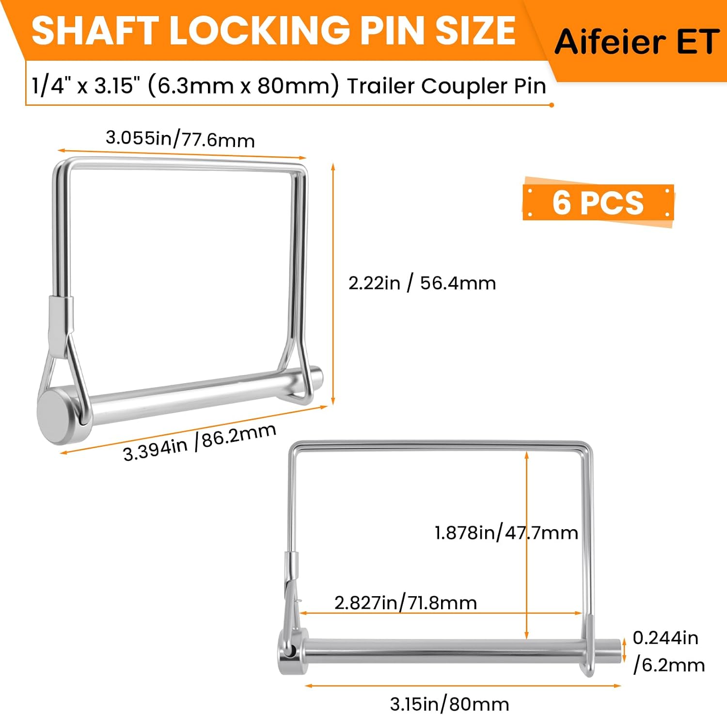 6 Pack Square Pto Shaft Locking Pin, 1/4" x 3.15" (6.3mm x 80mm) Trailer Towing Hitch Safety Wire Lock Coupler Pin Clip Accessories for Trailers, PTO, Farm, Lawn Mower, Hitches, RVs, Boats and Garden