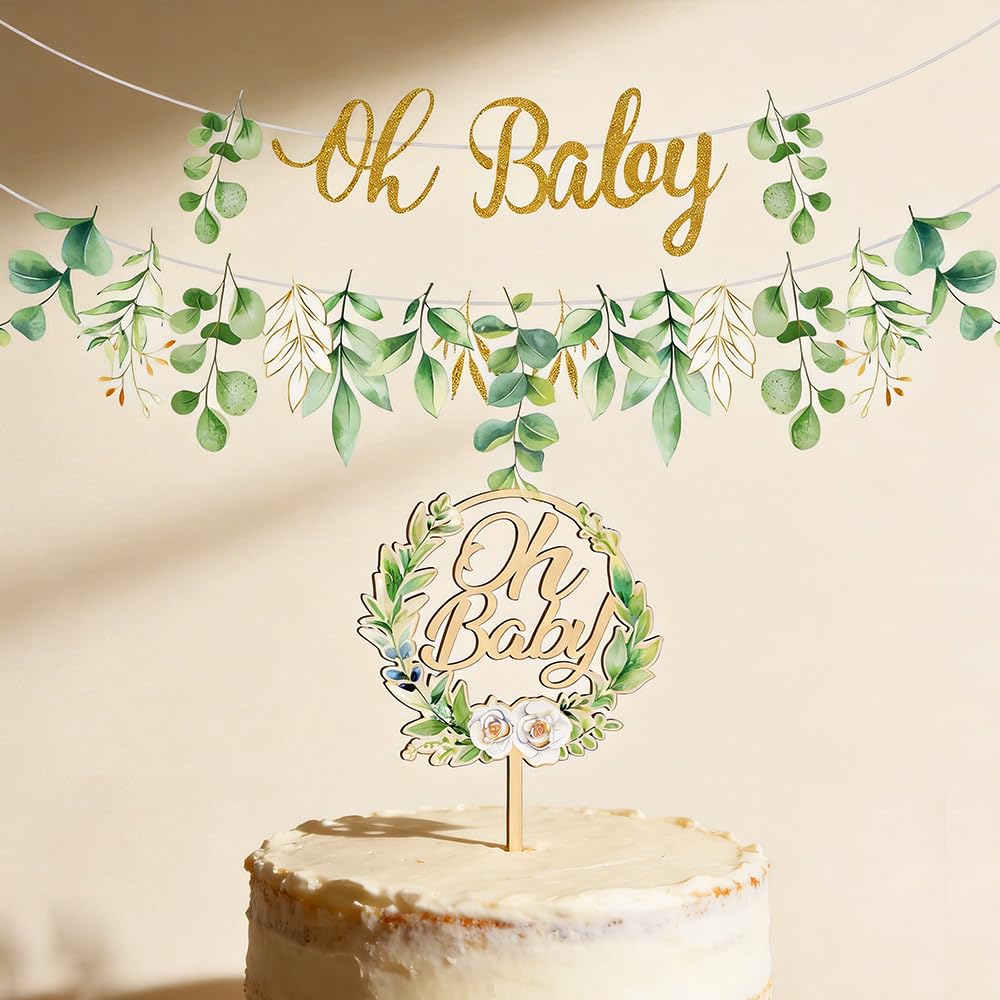 Baby Shower Cake Topper Set - Neutral Wooden Oh Baby Sign with Matching Banner, Jungle Theme Decorations for Newborn Celebration Party