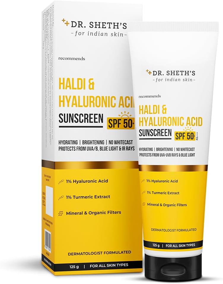 Haldi & Hyaluronic Acid Sunscreen with 1% Hyaluronic Acid | Spf 50+ Pa+++ | Protects Against UVA/B & Blue Light | Hydrating & Brightening | For Men & Women | For All Skin Type | 125 g