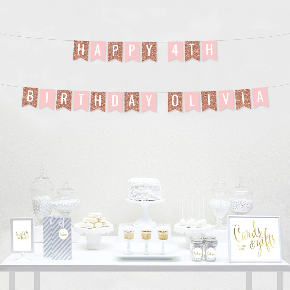 Andaz Press Personalized Hanging Pennant Banner Party Decorations, Rose Gold Glitter, Blush Pink, Happy 4th Birthday Olivia, 1-Pack, Approx. 5-Feet, Custom Name and Number
