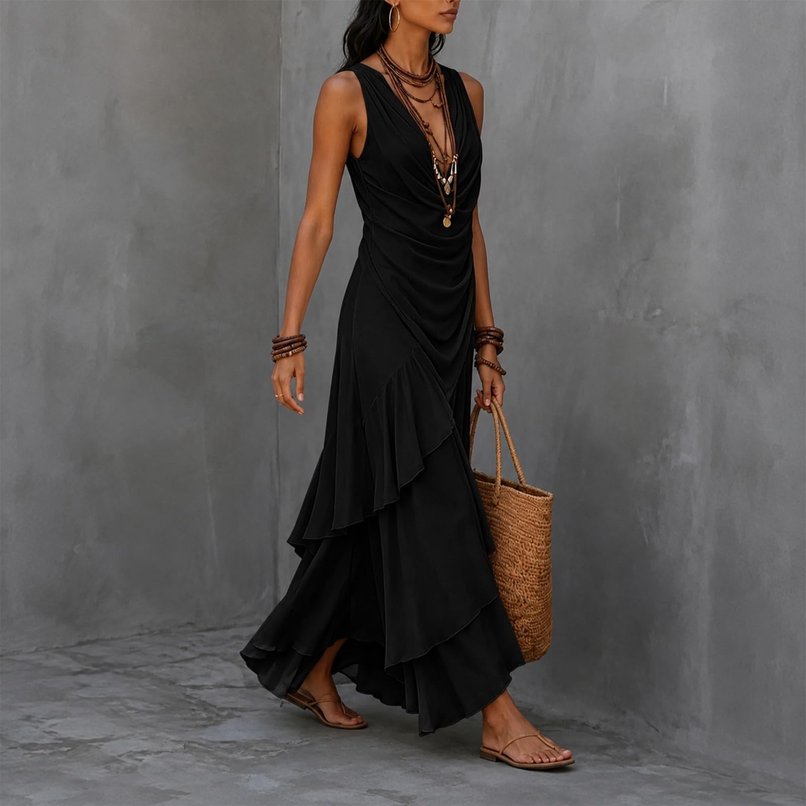 Generisch Hochzeitsgast Kleid Damen Sommer Chiffon Maxikleid V Ausschnitt Ärmellos Abendkleider Elegant Für Hochzeit Sommerkleid Damen Leicht Und Luftig Kleider Festlich Rüschen Partykleid