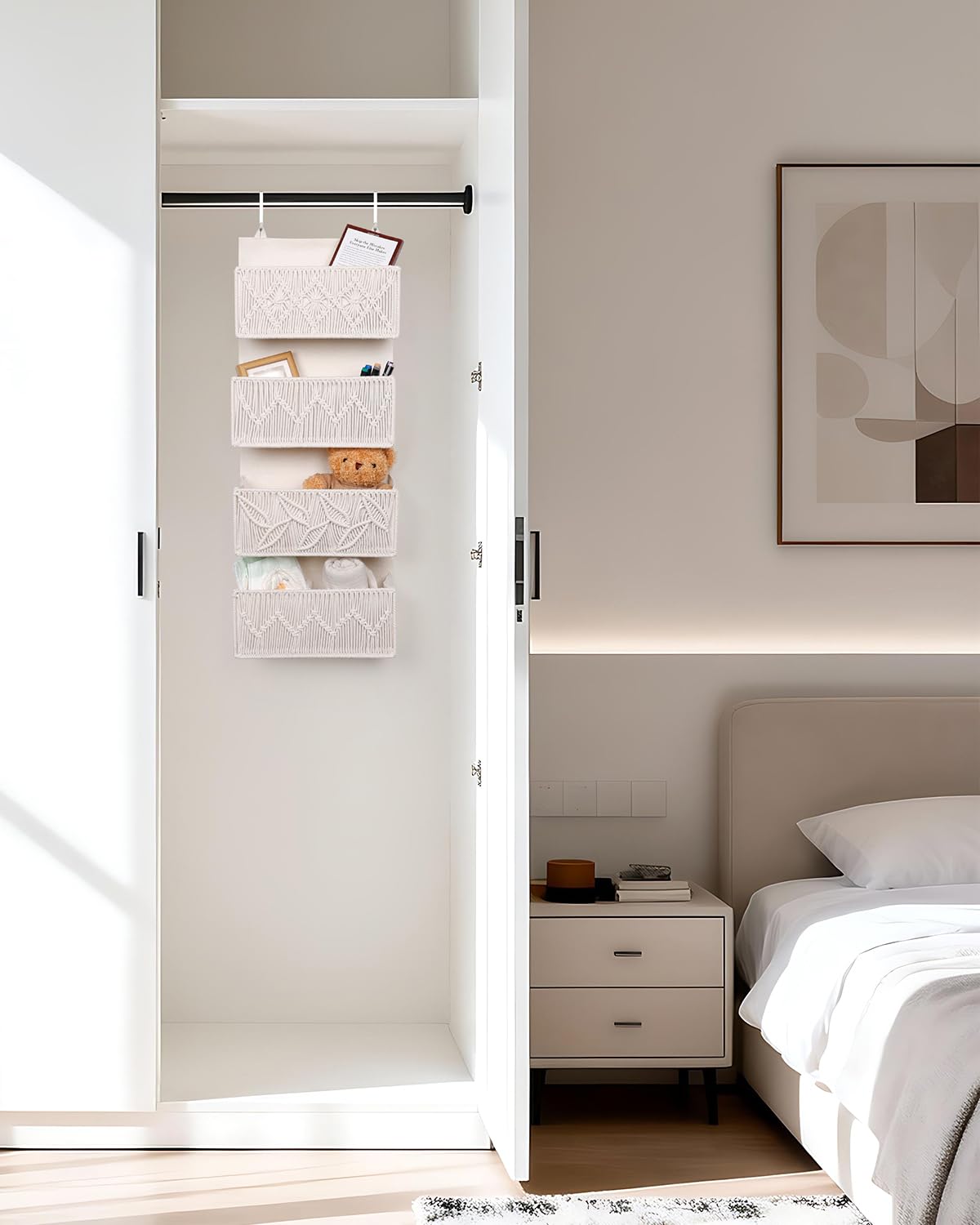 ANTIS'S HOME Organizador colgante para colgar sobre la puerta, tejido a mano de lino de algodón beige con 4 bolsillos, almacenamiento vertical para dormitorio, baño, guardería, cocina, organizador
