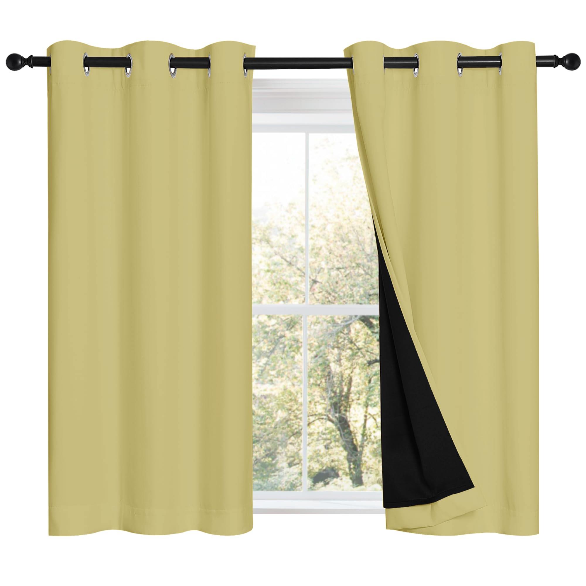 NICETOWN Paler Yellow 100% Blackout Curtains 45 inches Long, Thermal Insulated Full Blackout 2-Layer Lined Curtains, Energy Efficiency Window Draperies for Dining Room (2 Panels, 42-inch W)