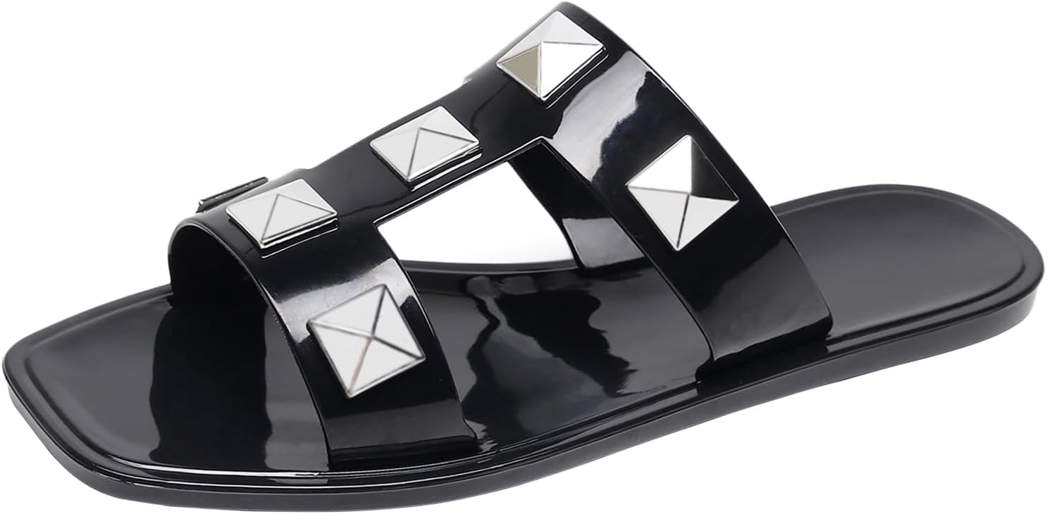 Women Flats Sandals, Studded Jelly Shoes Size 9 Red Dressy Summer Beach Rivets Strappy Jellies Slide Slip On Open Toes