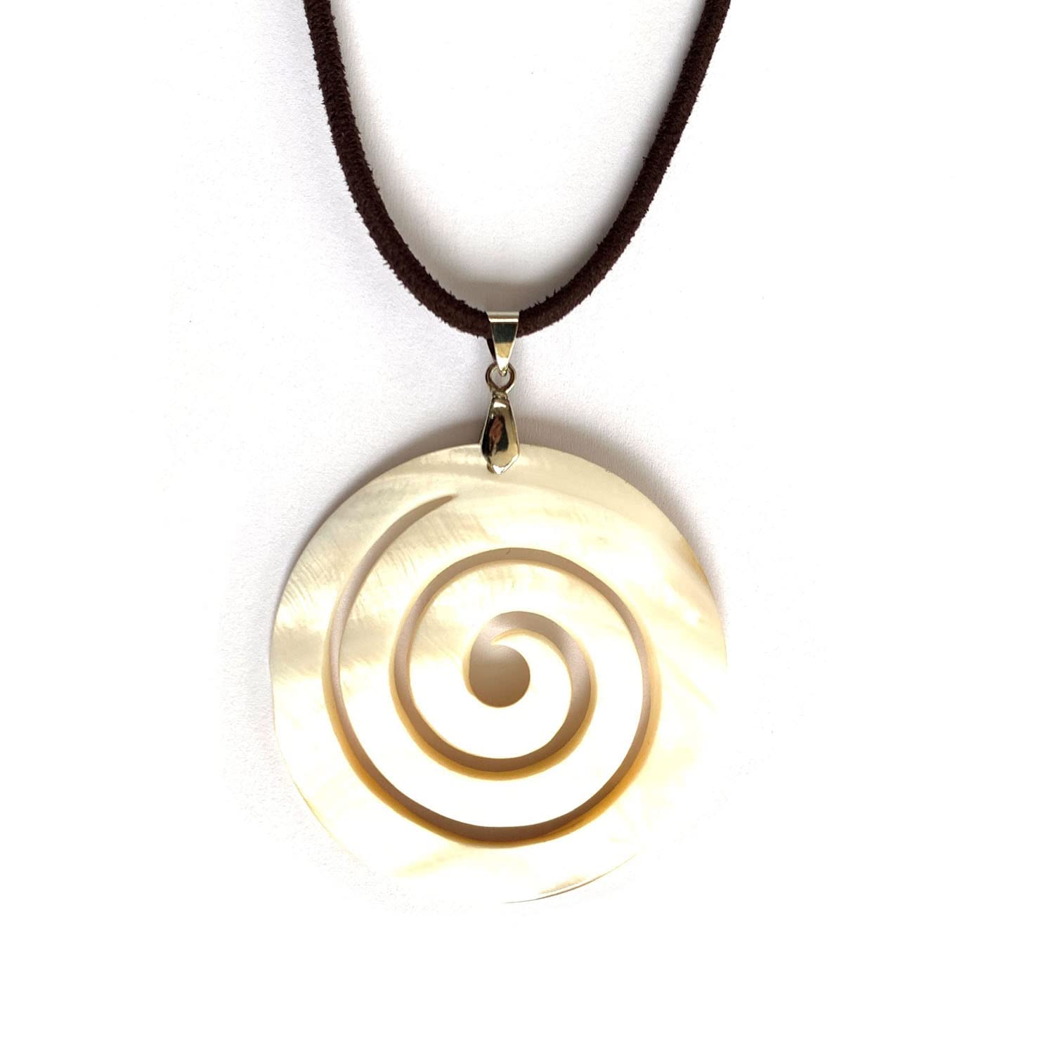 ASTER ALHELÍ Collar Mujer Espiral Nácar y Antelina Negra - Colgante Piedra Natural Amuleto Protección - Collar Hombre Mineral Grande - Ideal para Regalo