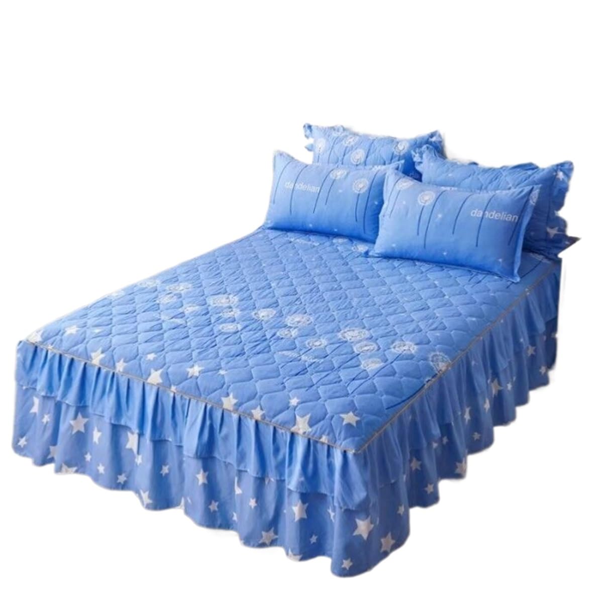 Juego de colcha con volantes tamaño king – Edredón floral vintage de 3 piezas con caída de 17.7 pulgadas, sábana bajera suave y cálida y 2 fundas de almohada, tamaño doble pequeño azul (120 x 200 cm)