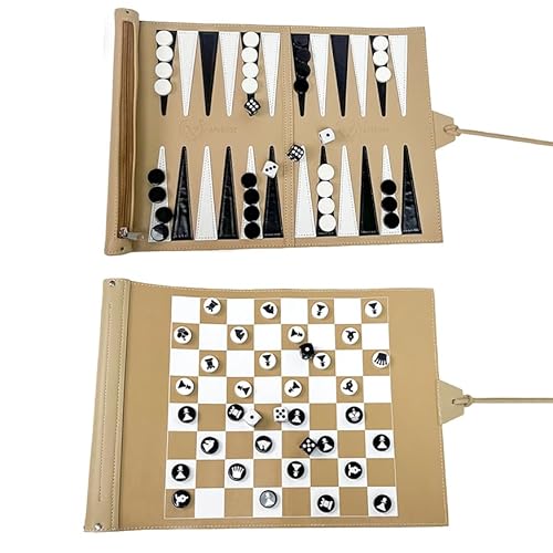 Apherin Enroulable Backgammon de Voyage, d'échecs et de Dames 3 en 1 – Design Double Face pour échecs(Beige)