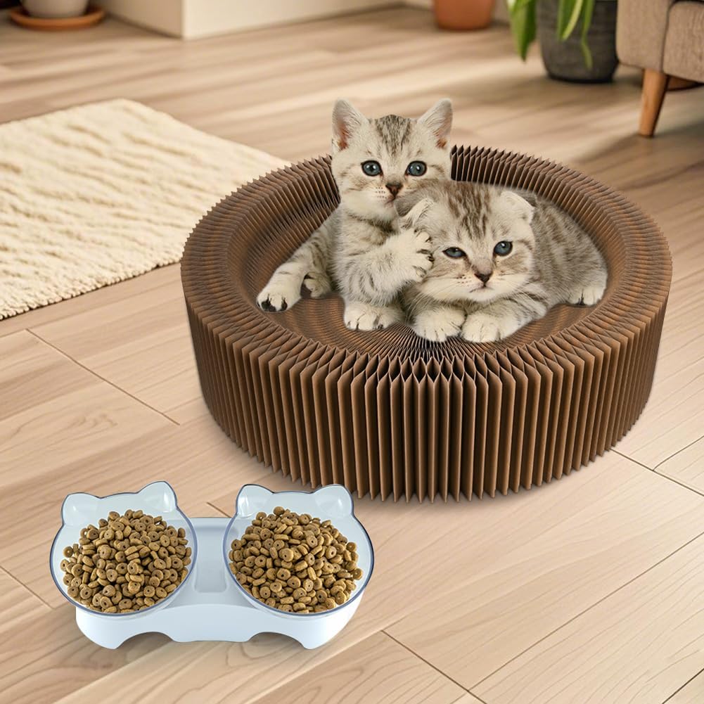 Cat Bed Scratcher Lounge - Cardboard Collapsible Pet Scratching Pad, Round Cat Scratch Nest for Indoor Big Large Kitty Kitten