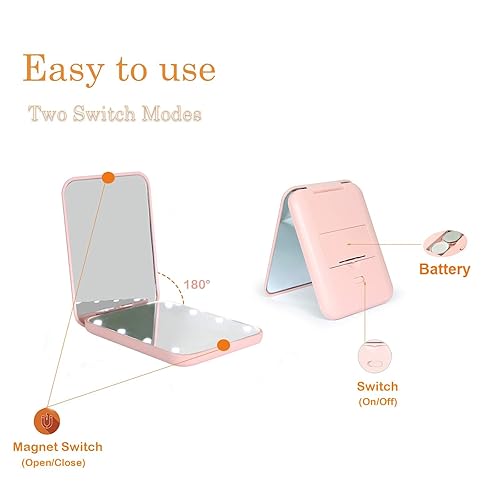 Miniatura 32 de Kintion - Espejo de bolsillo, 1X/3X de aumento, con LED, espejo de maquillaje compacto para viaje con luz, pequeño espejo iluminado de 2 lados, Cian