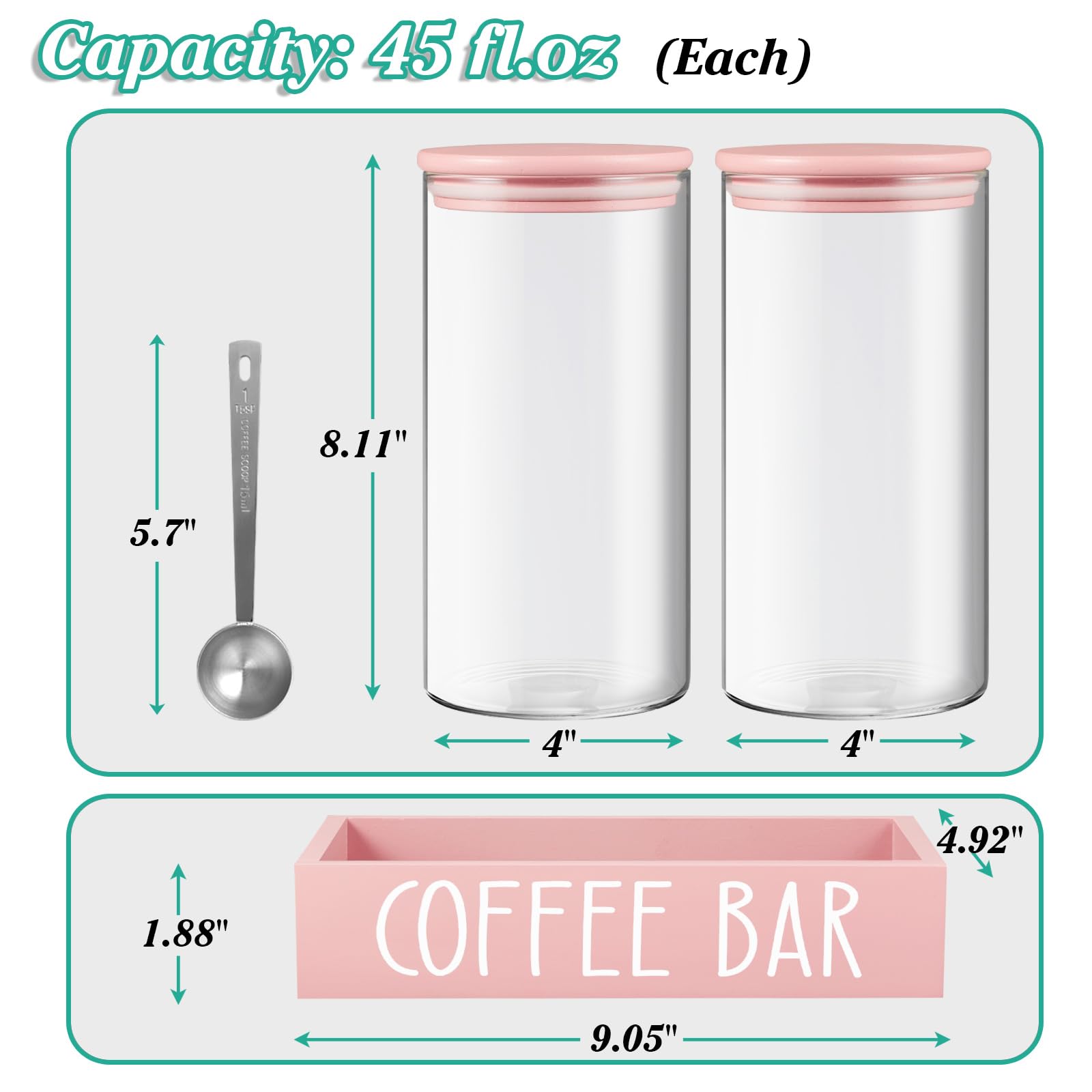 Kaffeedosen für gemahlenen Kaffee, 2 Stück, 1,3 l, Kaffee- und Zuckerbehälter-Set aus Glas mit luftdichten Deckeln und Tablett, rosa Kaffeebohnen-Vorratsdosen für Kaffeebar, Küchendekoration und