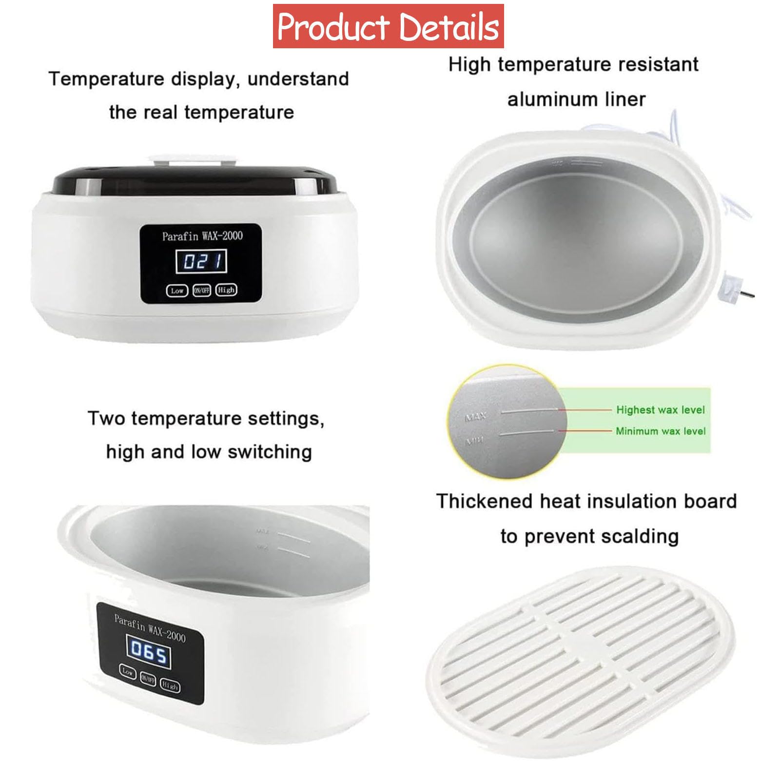 Macchina per Cera di Paraffina per Mani e Piedi, Scaldacera da 2000 Ml con Due Livelli di Regolazione della Temperatura e Pulsanti Full Touch, Bagno di Cera di Paraffina