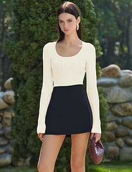 v28 Women Scoop Neck U-Neck Knit Long Sleeve Slim Fit Ribbed