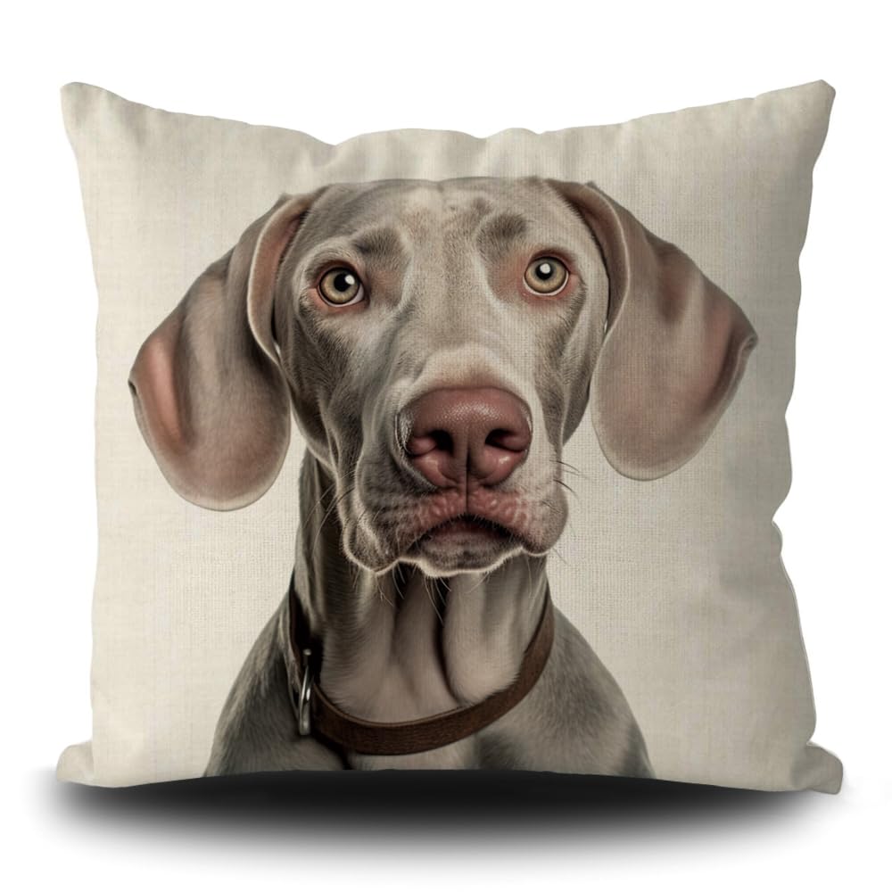 Funny Weimaraner Dog Pillow Cover Dog Puppy Art Decorative Pillow Case for Couch Sofa Bed Dog Lover Gift Linen White 18X18 Inch Double Side, Style 1