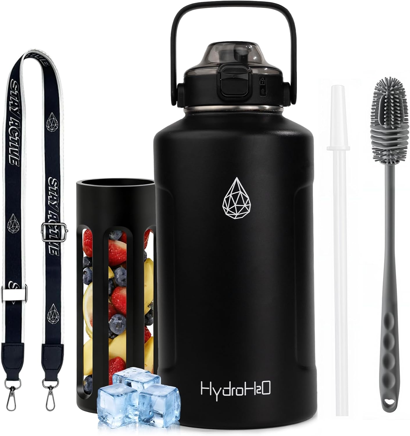 64oz Half Gallon Fruit Infuser Insulated Stainless Steel Water Bottle Jug, 48H Cold & 24H Hot, Large Capacity for Travel Hiking Mountain Climbing Black