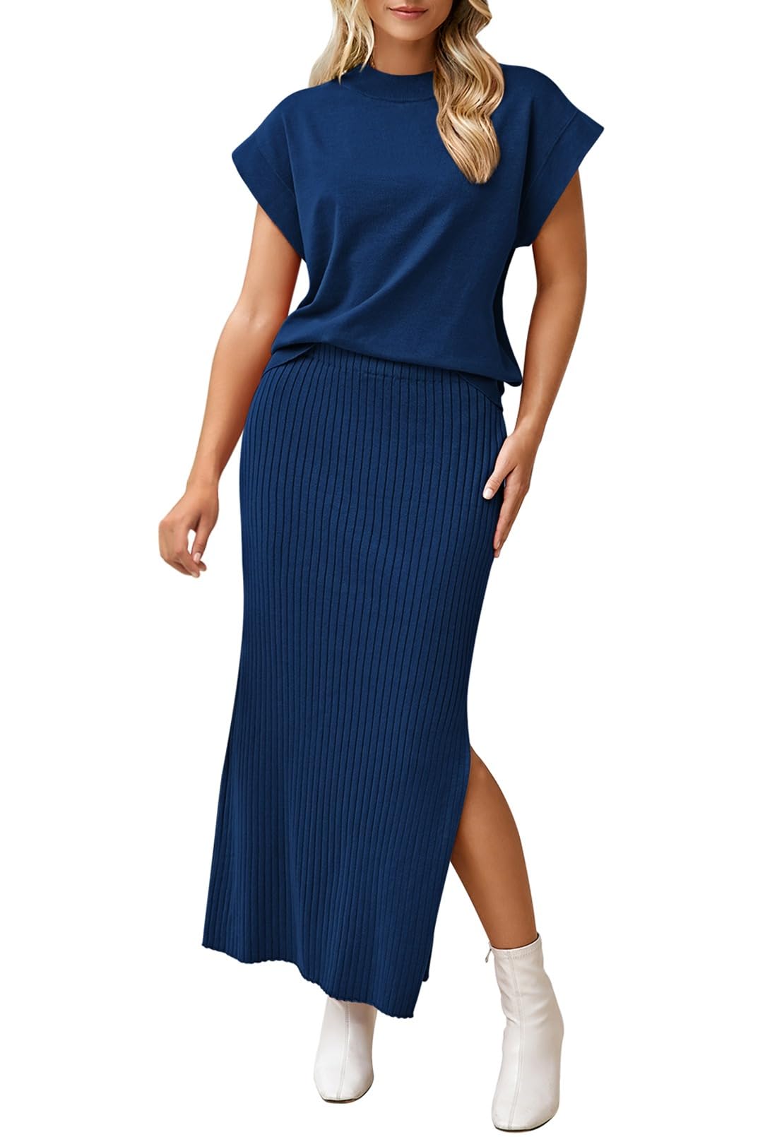 Pink Queen Women's 2 Piece Sweater Outfits Set Summer Cap Sleeve Tops Bodycon Maxi Long Skirt Knit Dresses