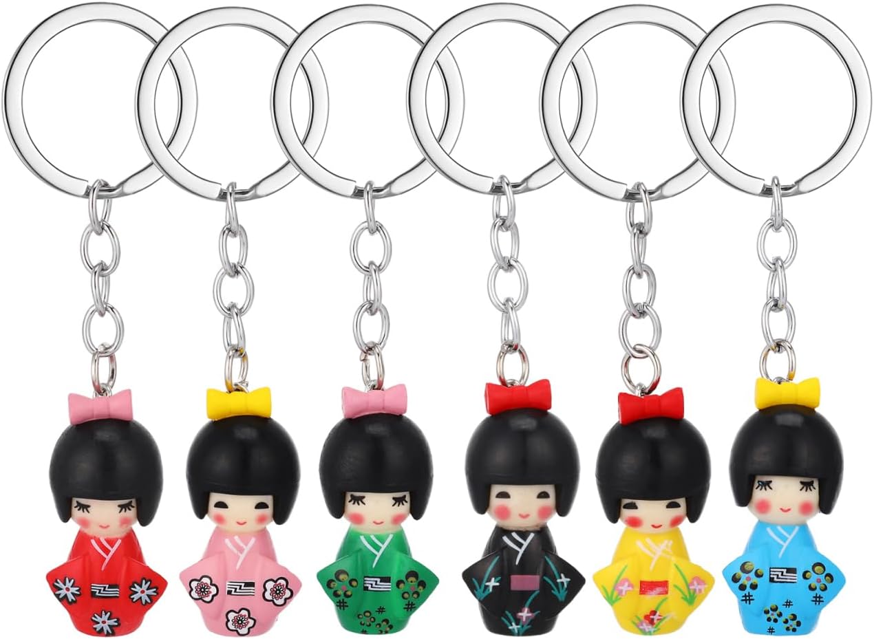Gadpiparty 6pcs Traditional Japanese Kimono Kokeshi Doll Keychains Asian Geisha Figurine Ornament Bag Purse Charms DIY for Car Interior Hanging Decorations Random Color