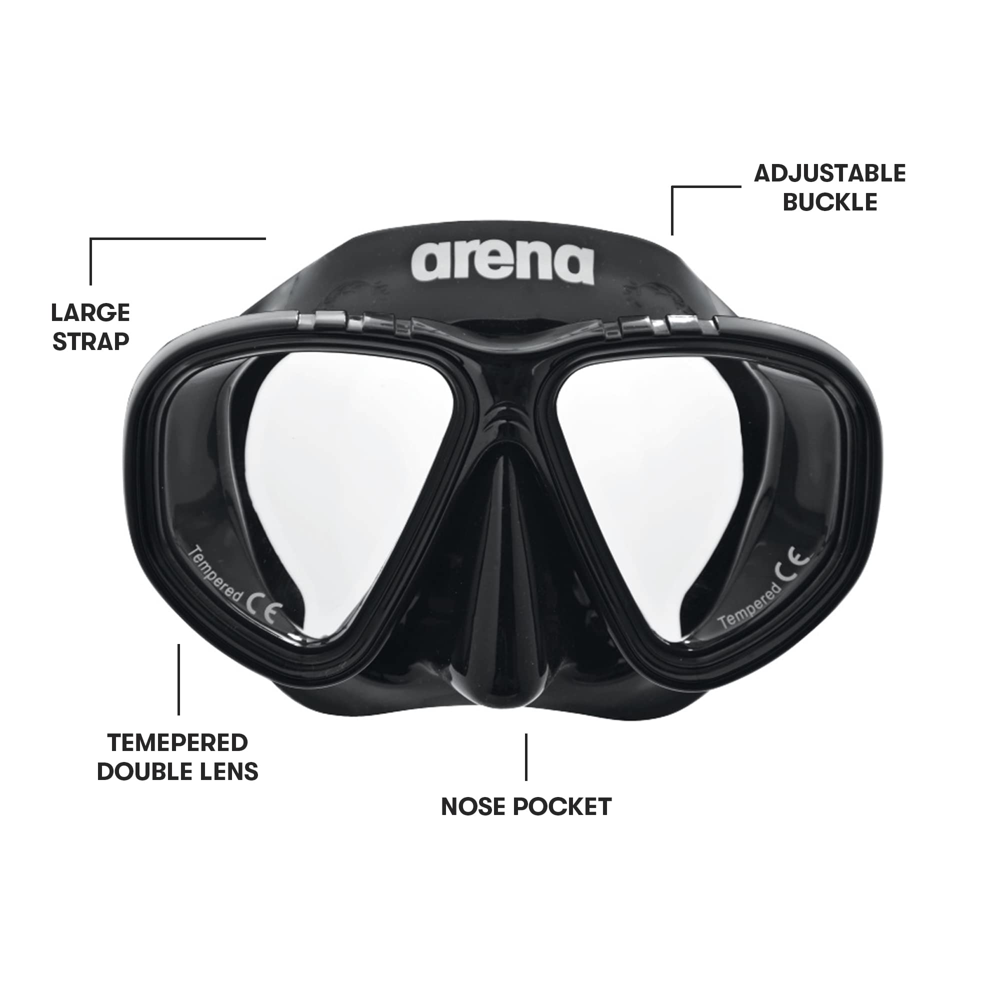 arena Unisex Premium zestaw do snorkelingu, hartowane podwójne soczewki, maska na okulary, duży pasek