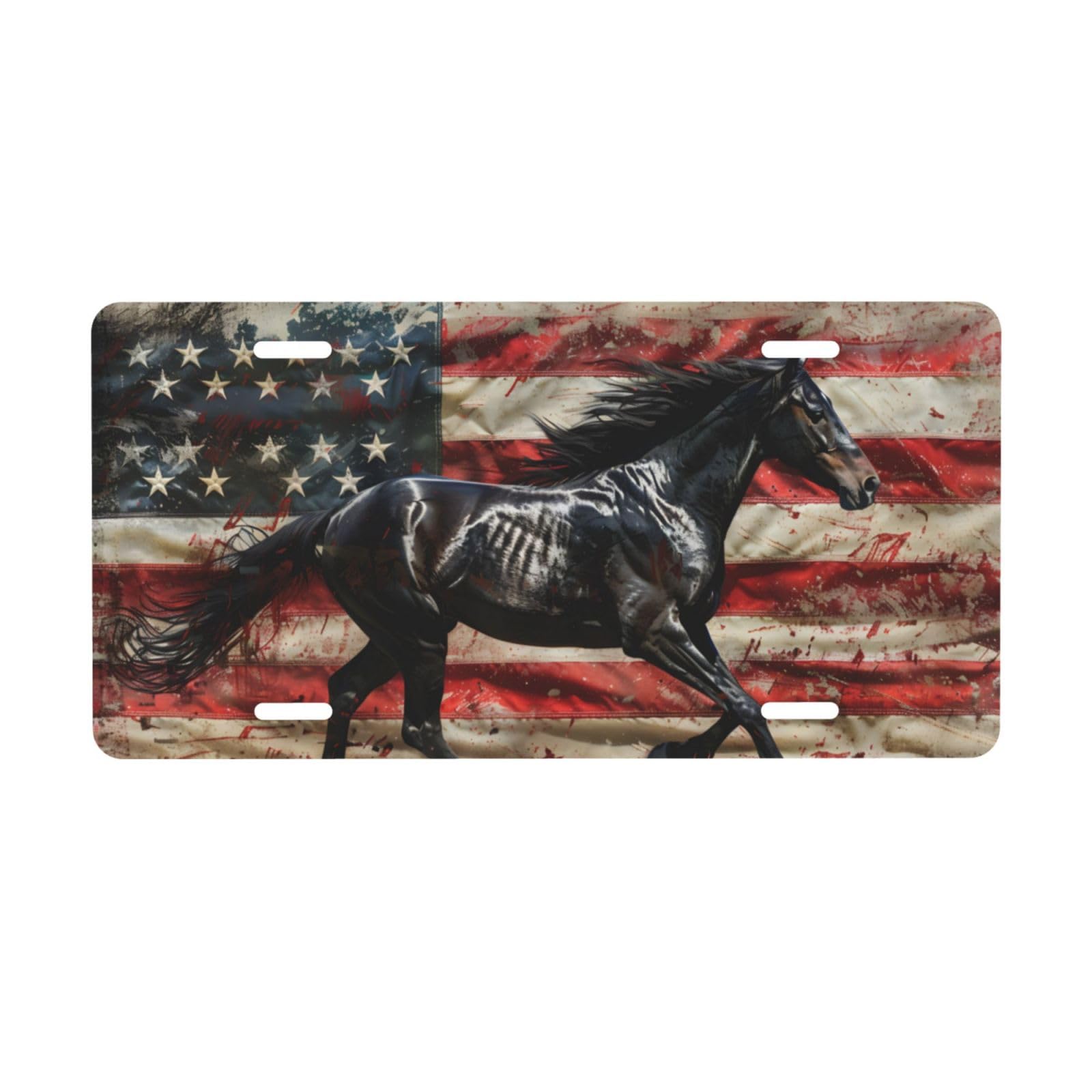 American Flag with Black Horse License Plate, Decorative Car Front License Plate, Aluminum Novelty License Plates Vanity Tag Metal Car Plate for Women Men 6 X 12 Inch