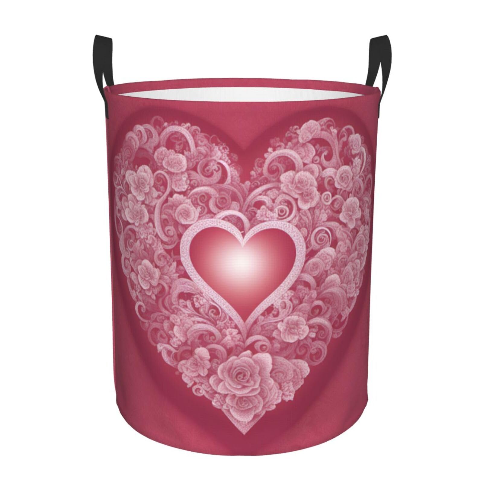 M Collapsible Laundry Hamper Round Romantic Heart Print Storage