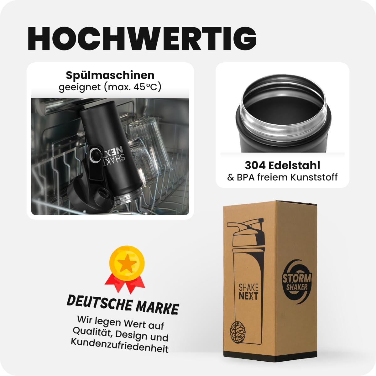 Edelstahl Shaker [NEUEINFÜHRUNG] - Trinkflasche mit Mixball 700ml, Fitness & Protein Shaker mit auslaufsicherem Druckverschluss, patentiertes Design (Schwarz)