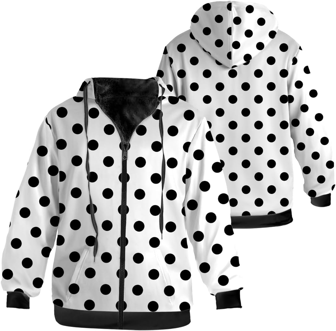 Polka Dots Womens Winter Jacket,Black Fleece Lined Zip-up Hoodie Warm Sweatshirt Coat