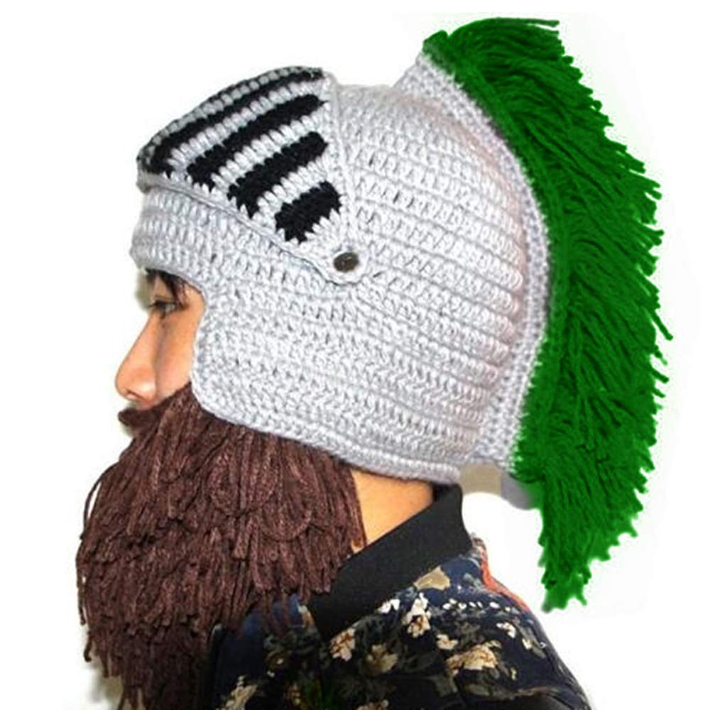 Yekeyi Men's Green Wig Beard Hats Cosplay Roman Knight Knitted Helmet Winter Sports Warmer Cap Ski Funny Mask Beanie