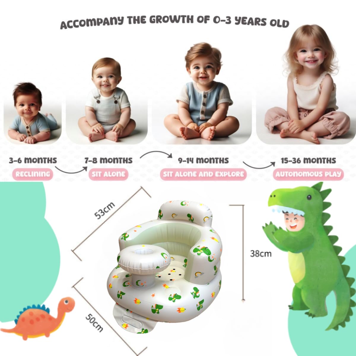 Baby Inflatable Seat for Babies 4-24 Months Built in Air Pump Infant Back Support Sofa Toddler Chair for Sitting Up Baby Shower Chair Outdoor Seat Floor Seater Gifts (Tray Planet Dinosaur) - Image 2