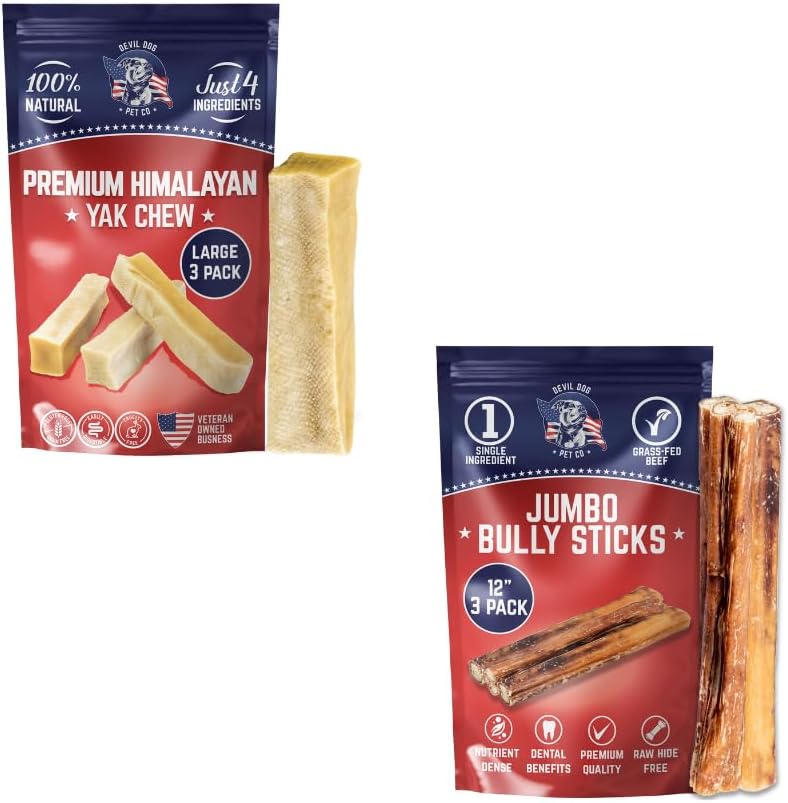 Devil Dog Pet Co (1) Yak Chews Large 3 Pack (1) Bully Stick Ultra Thick 12 in 3 Pack | Value Pack