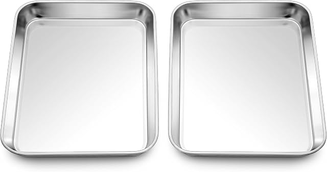 Homikit 2 Emballage Feuille de cuisson, 9 x 7 Set de plateau à biscuits en acier inoxydable pour la cuisson Mini Grille-pain de cookie en métal Four Pan de cuisson non-collant, résistant à la rouille & Finition miroir, lave-vaisselle en toute sécurité