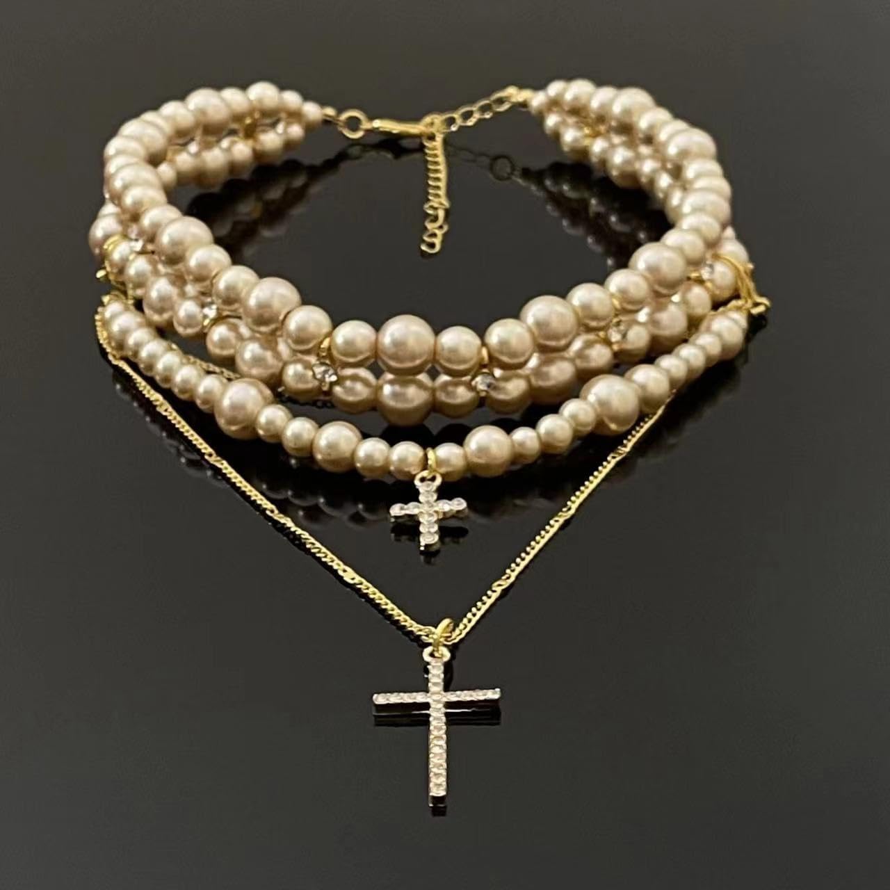 Layered Pearl Necklace Statement Gothic Pearl Cross Necklace Chunky Stacked Rhinestone Pearl Necklace for Women Girls