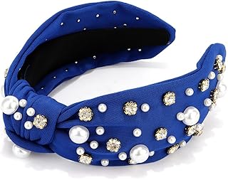 Knotted Headbands with Pearl Rhinestone Royal Blue Womens Headbands Wide Top Knot Headbands Beaded Headband Crystal Jeweled Head Bands for Women's Hair Embellished Headbands Non Slip Sparkly Hair Bands Fashion Hair Accessories for Girls Gifts
